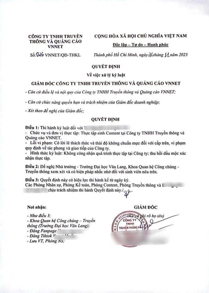 Có thể khởi kiện vụ công ty kỷ luật nữ sinh viên thực tập không?