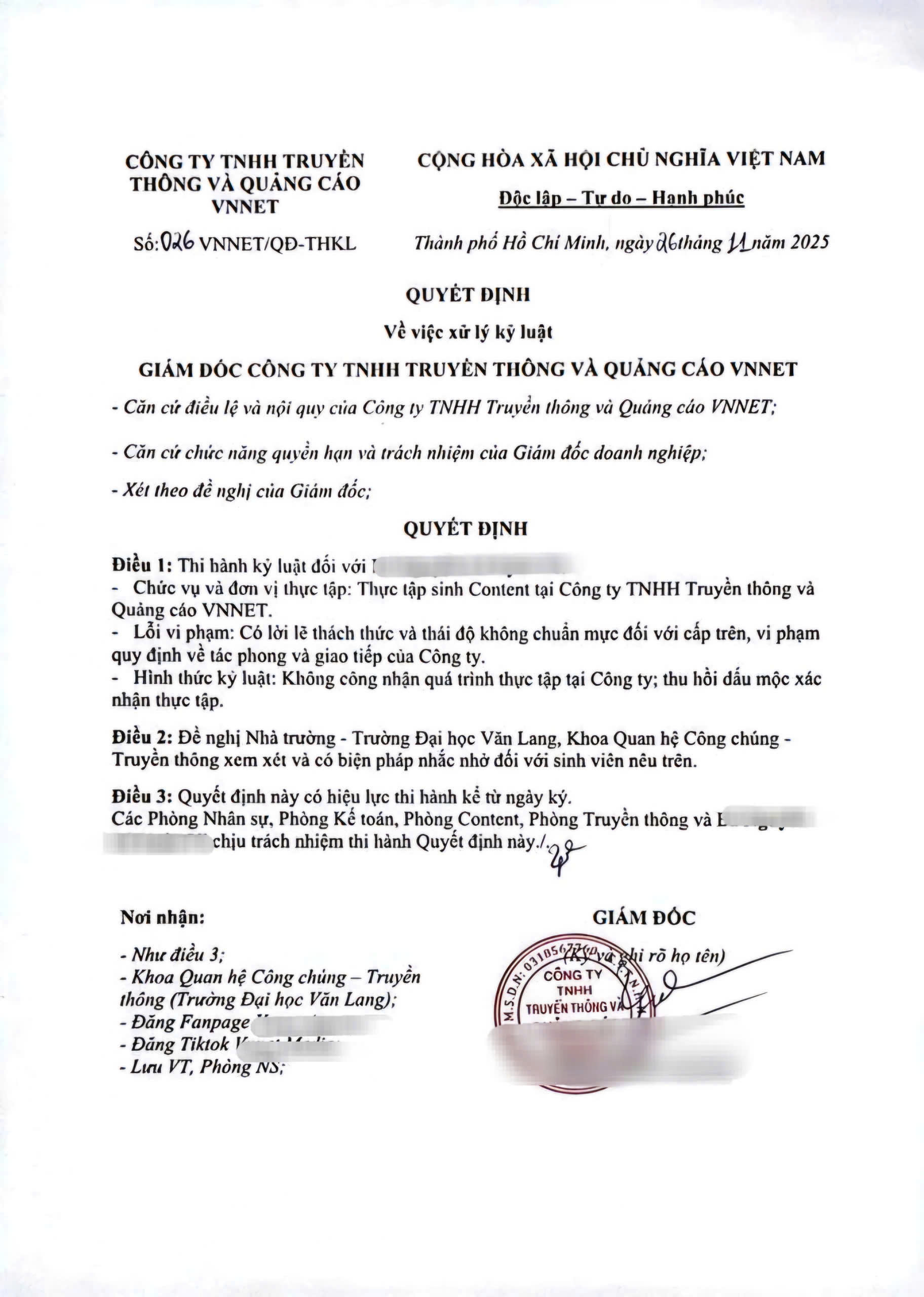 Văn bản kỷ luật nữ thực tập sinh do Vnnet đăng tải