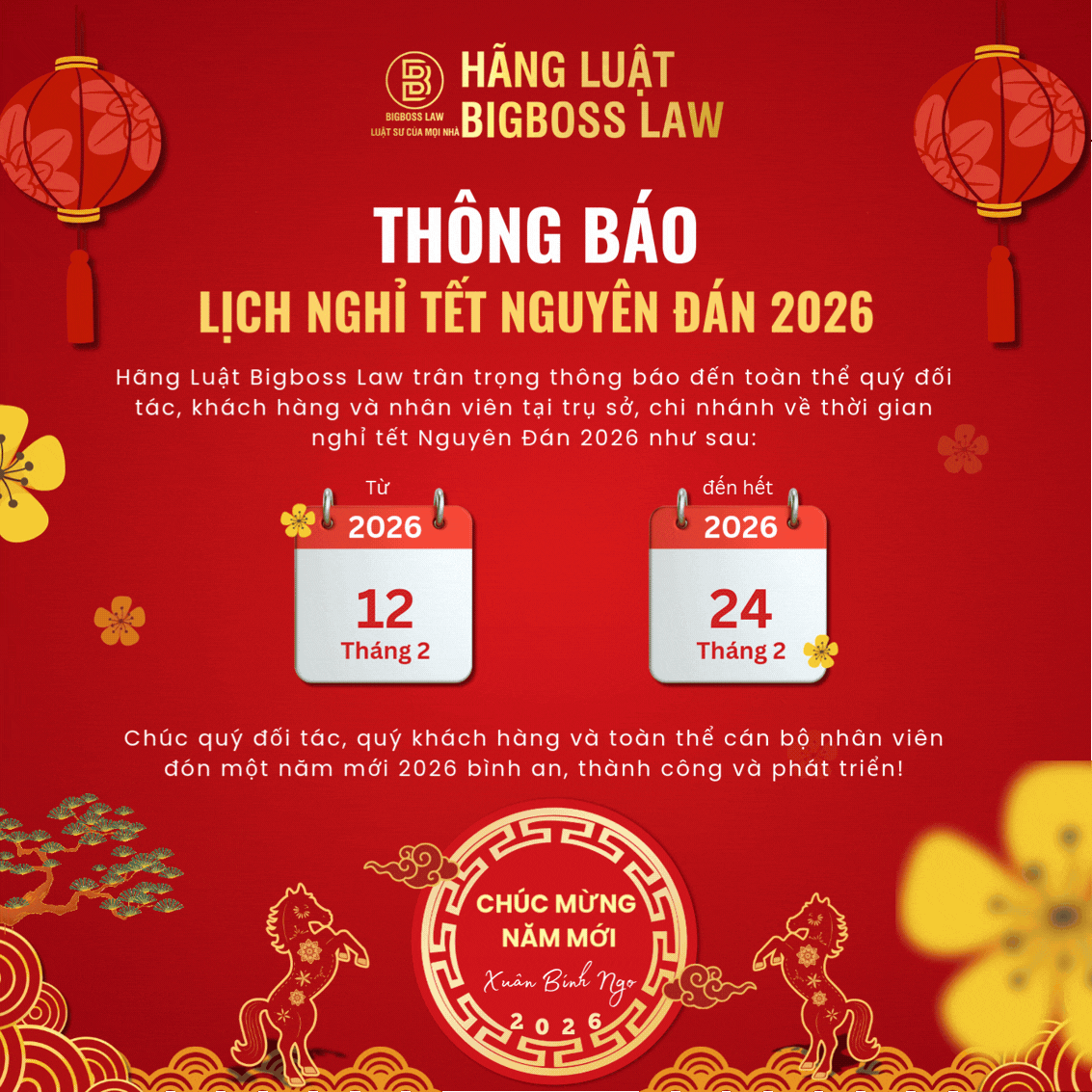 THÔNG BÁO LỊCH NGHỈ TẾT NGUYÊN ĐÁN 2026