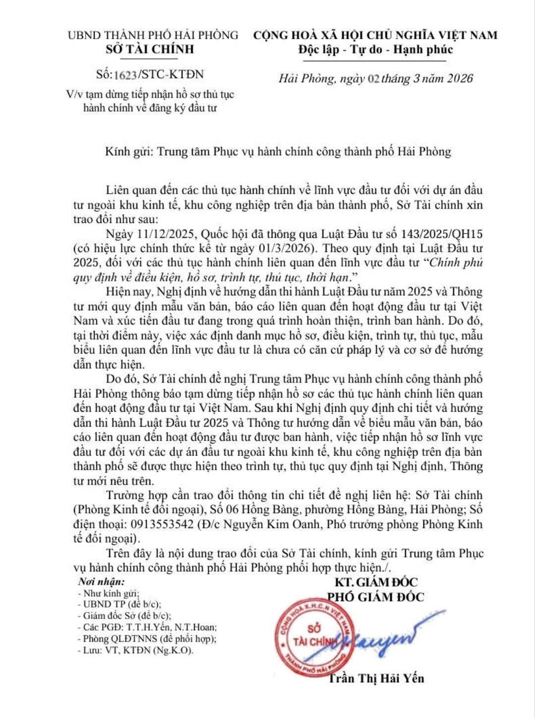 HẢI PHÒNG TẠM DỪNG TIẾP NHẬN HỒ SƠ ĐĂNG KÝ ĐẦU TƯ TỪ 01/3/2026