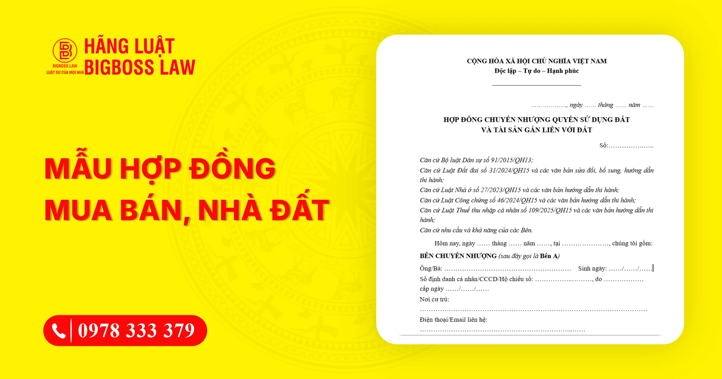 Mẫu hợp đồng mua bán nhà đất chuẩn pháp lý - Hãng Luật Bigboss Law